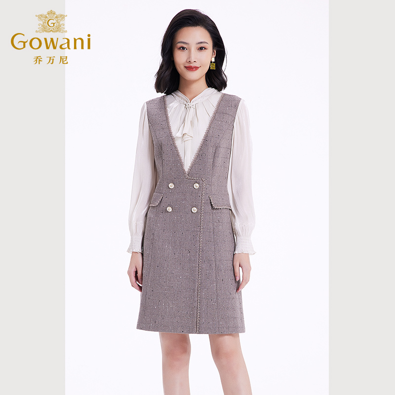 乔万尼长袖连衣裙女新款2025秋小香风修身设计中长羊毛裙EF4E235 - 图1