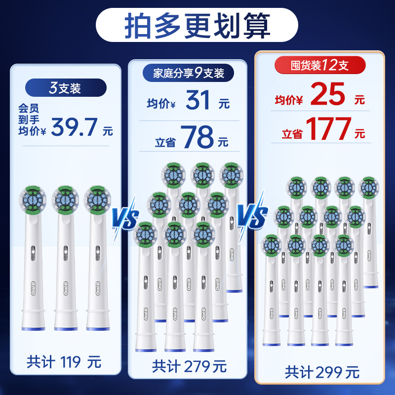 OralB/欧乐B成人电动牙刷原装适配刷头清洁替换头软毛自动牙刷头