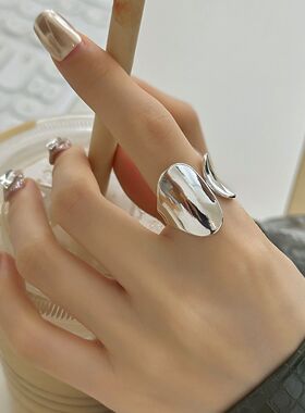 宽边不规则戒指女几何光面凹凸S925镀银开口指环个性百搭ins食指