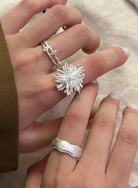 甜酷叠戴烟花戒指女几何双层星星拉丝波浪开口指环ins风食指戒潮