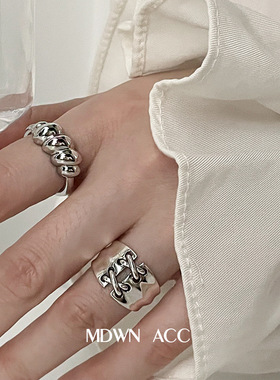 韩版S925银个性麻花戒指女复古时尚简约牛角包开口指环气质食指戒