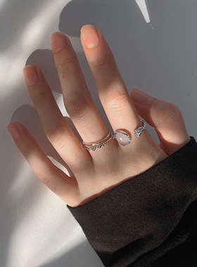 韩版S925镀银不对称气质戒指女复古花朵双层开口指环气质异形戒指