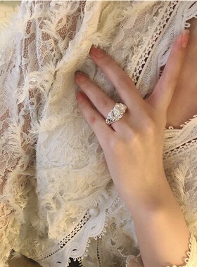 韩版S925镀银熔岩褶皱个性戒指女复古时尚不规则凹凸开口指环食指
