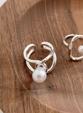 几何不规则仿珍珠戒指女简约线条交叉缠绕开口指环网红时尚食指戒