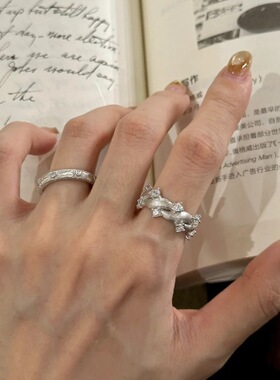 甜酷个性鸢尾花戒指女百搭叠戴网红创意嘻哈开口指环中古风食指戒