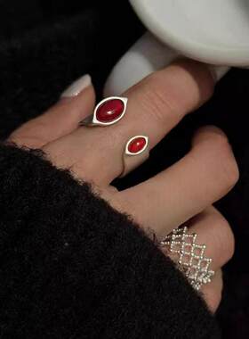 红色椭圆戒指女精致优雅个性S925镀银开口指环网格设计感食指戒潮