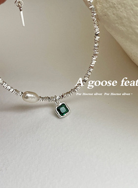 碎银手链女时尚气质方块绿色锆石珍珠S925银手环小众个性百搭手饰