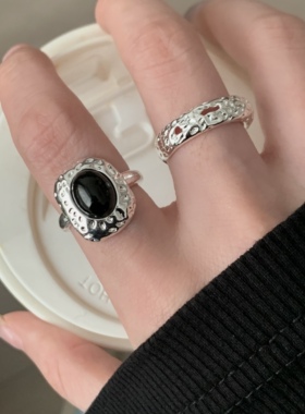 小众黑色肌理镀银女士戒指