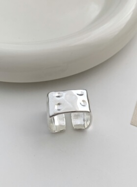 几何方形开口宽版镀银戒指女