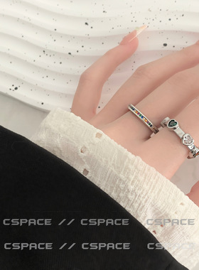 甜酷彩色锆石戒指女拼色气质优雅爱心S925银开口指环ins食指戒潮