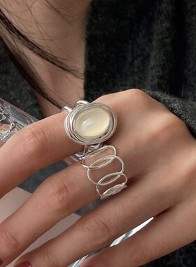 几何圆圈镂空戒指女时尚个性椭圆叠戴锆石S925镀银开口指环食指戒