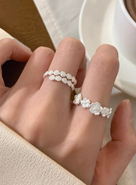 甜美立体花朵戒指女简约时尚个性气质S925镀银开口指环ins食指戒