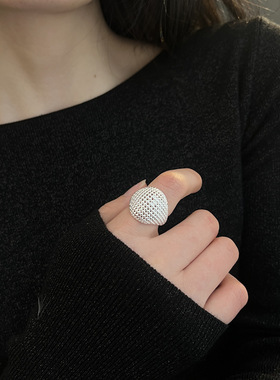 镂空圆球戒指女几何创意甜酷S925镀银开口指环ins百搭个性食指戒