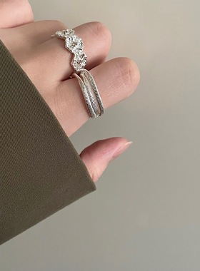 肌理感立体花朵戒指女简约时尚百搭气质S925镀银开口指环食指戒潮