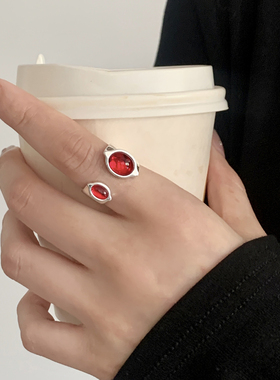红色锆石戒指女小众设计百搭精致优雅个性镀银高级感食指戒指环潮