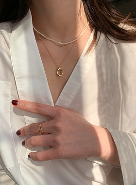 925镀银椭圆甜甜圈项链复古简约锁骨链韩国东大门做旧地摊潮饰品