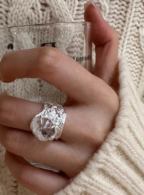 创意冰裂纹锆石戒指女几何不规则时尚S925银开口指环网红食指戒潮