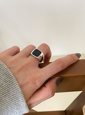 韩版S925镀银创意黑色方形戒指女复古时尚夸张开口指环嘻哈食指戒