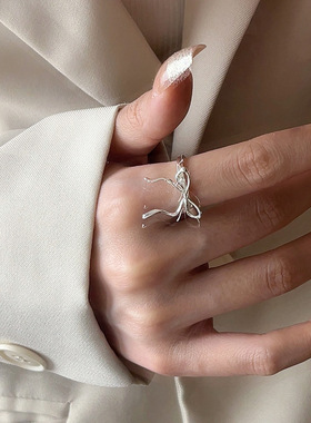 飘带蝴蝶结戒指女简约几何线条百搭叠戴开口指环ins风网红食指戒