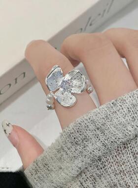 仿珍珠花朵液态戒指女时尚百搭精致个性气质串珠戒指小众食指戒潮