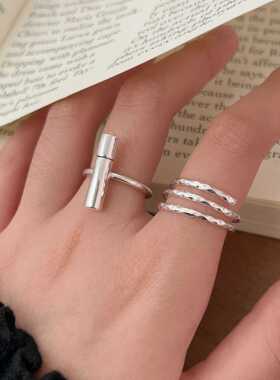 多层车花线条戒指女百搭时尚个性叠戴S925镀银指环ins风食指戒潮