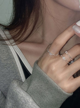 韩版S925镀银简约戒指女复古时尚气质优雅方形开口指环嘻哈食指戒