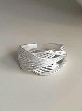 磨砂雾面不规则线条戒指女简约时尚气质S925镀银开口指环食指戒潮