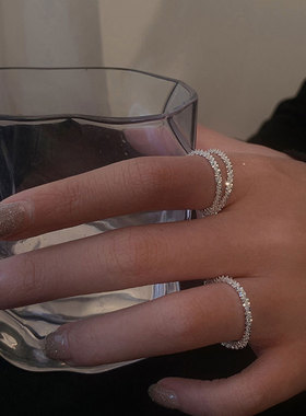 韩版S925镀银波光粼粼戒指女复古时尚优雅满天星食指戒气质创意指