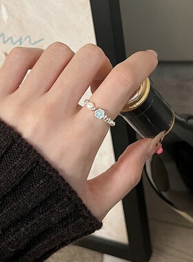 蓝色花朵仿珍珠方块戒指女轻奢时尚小众精致S925镀银指环食指戒潮