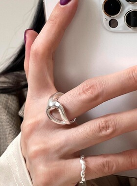 甜酷几何镂空戒指女米粒交错个性S925镀银开口指环叠戴百搭食指戒
