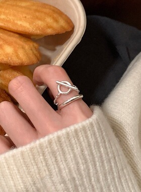 韩版OT扣链条戒指女时尚个性小众设计感S925镀银开口指环食指戒潮