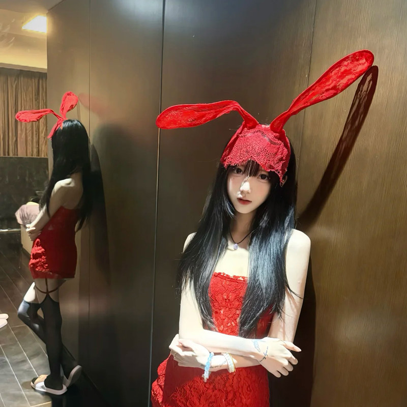 红色蕾丝兔耳朵发箍面纱遮脸性感头箍女高级感洋气时尚兔女郎头饰,淘宝优惠券,粉丝福利购,淘宝优惠卷