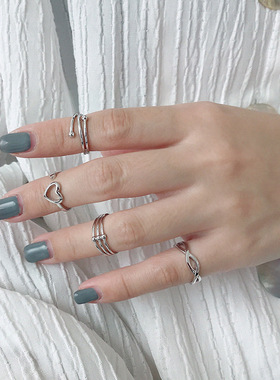 纯银戒指ins多层线条编织爱心