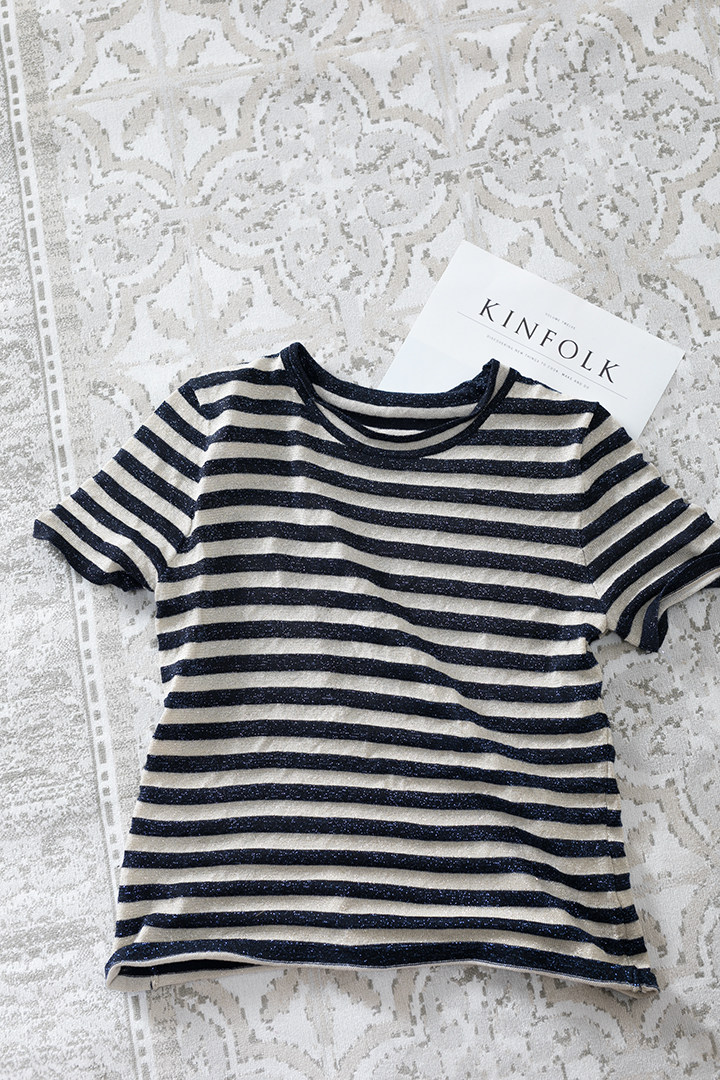 bling暗闪蓝白条纹圆领针织lj t恤 大脸猫熊静家一微胖休闲简约随性毛针织衫