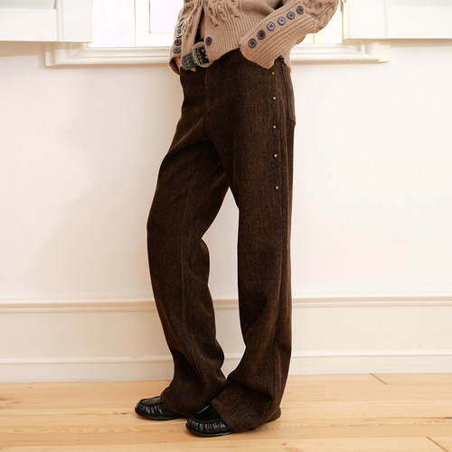 COINROVA棕色天丝棉肌理磨毛加绒保暖微喇裤复古撞钉 - 图0