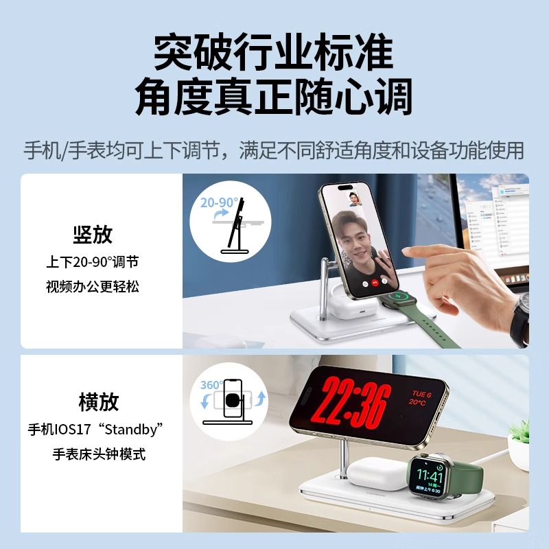 绿联三合一无线充电器MFi认证适用苹果15手机iwatch手表iPhone14promax13耳机magsafe磁吸MFM15W快充支架底座-图3