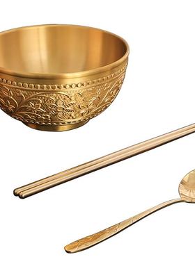 黄铜碗纯铜家用饭碗吃饭碗筷勺三件套礼盒套装补铜餐具金饭碗摆件