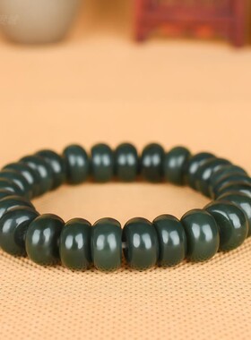 和田玉青墨玉手链男女款玉石手串平安扣手饰招财算盘珠玉器带证