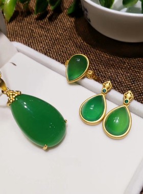 古法金绿色925银组合吊坠项链