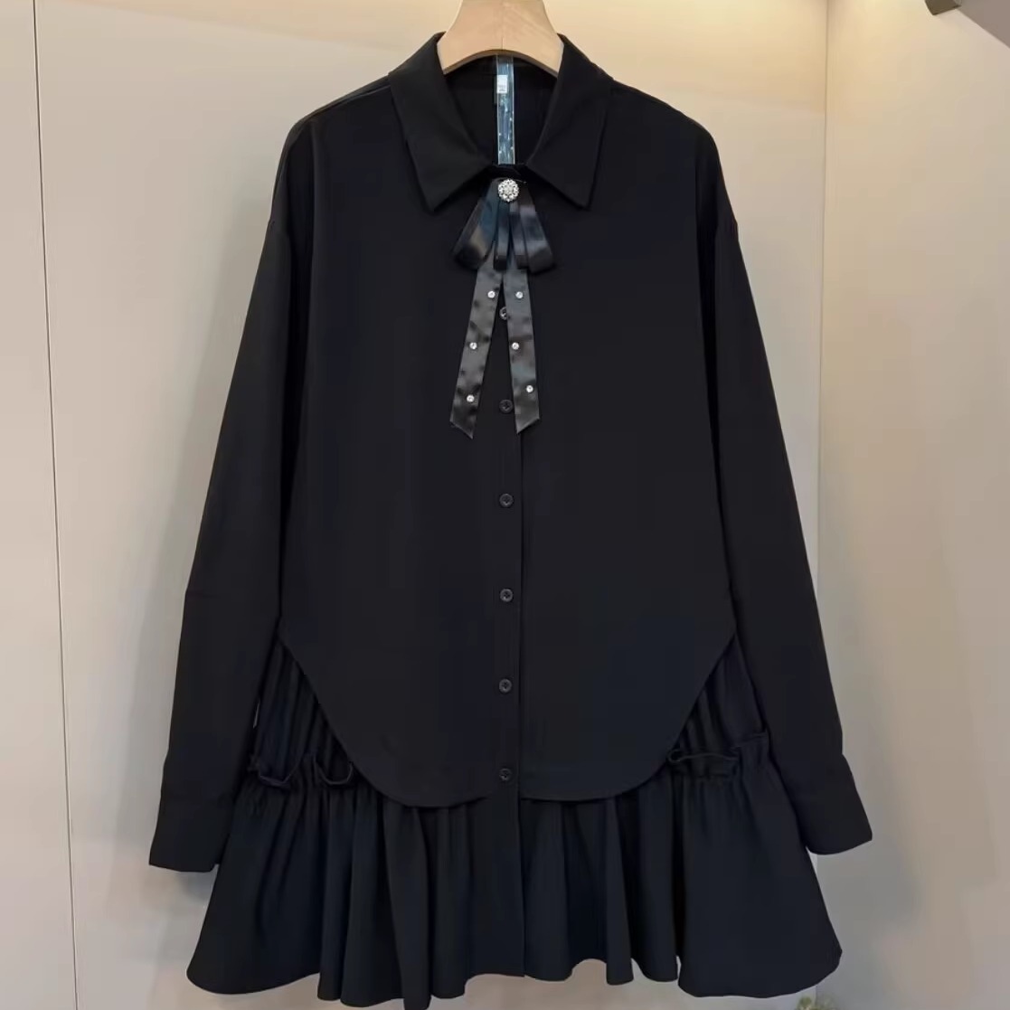 2025春季新款大码女装蝴蝶结领结装饰设计感韩系荷叶边显瘦衬衫裙 - 图1