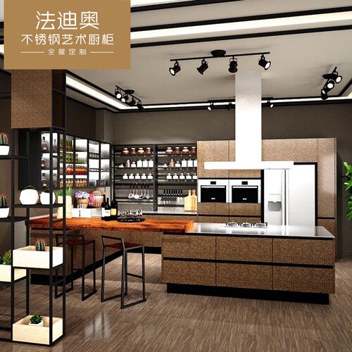 法迪奥工业风304不锈钢橱柜定制不锈钢台面整体U字型简约款开放式 - 图0