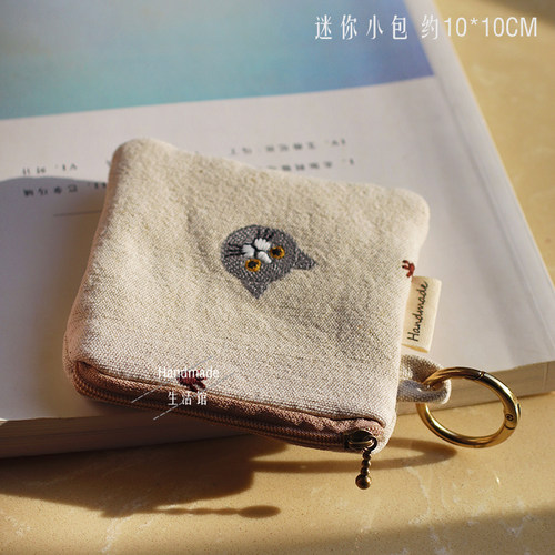 原创手作布艺猫咪刺绣钥匙包无线耳机包零钱包迷你收纳口红小布包 - 图2