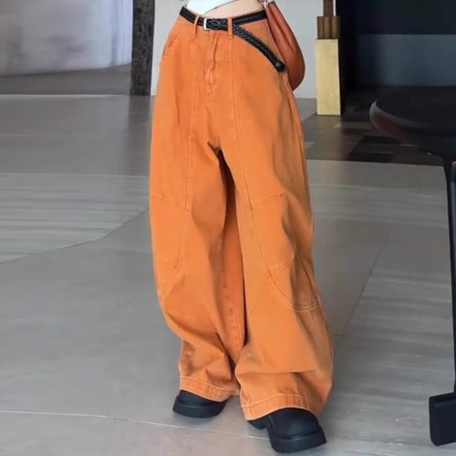 橙色弯刀休闲牛仔裤女秋季2025新款高腰显瘦宽松阔腿拖地长裤子潮 - 图3