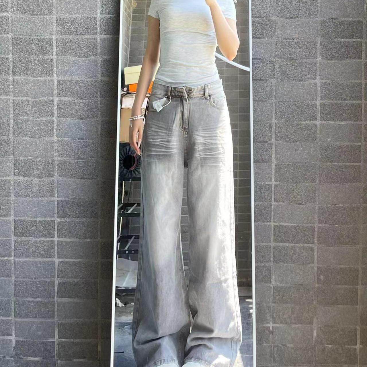 美式高腰水洗阔腿牛仔裤女2025秋季新款宽松设计感复古拖地长裤子,淘宝优惠券,粉丝福利购,淘宝优惠卷