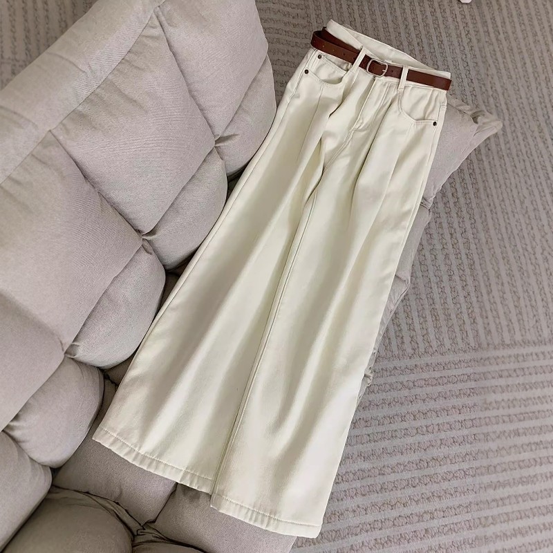 米杏色加绒宽松直筒牛仔裤女秋冬新款高腰显瘦设计感褶皱阔腿裤子,淘宝优惠券,粉丝福利购,淘宝优惠卷