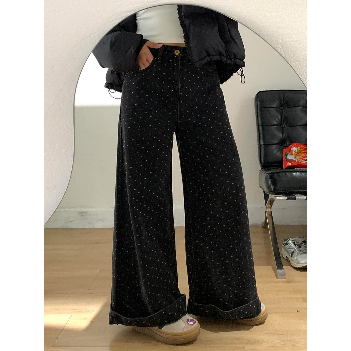 黑色复古爱心阔腿牛仔裤女秋冬季新款宽松高腰显瘦百搭休闲长裤子,淘宝优惠券,粉丝福利购,淘宝优惠卷