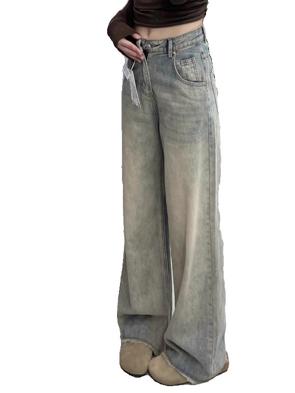 复古怀旧宽松直筒牛仔裤女春季新款高腰显瘦垂感拖地毛边阔腿裤子 - 图3
