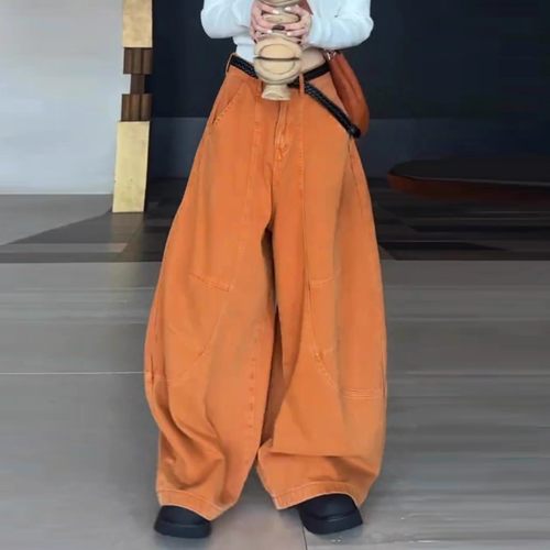 橙色弯刀休闲牛仔裤女秋季2025新款高腰显瘦宽松阔腿拖地长裤子潮 - 图1