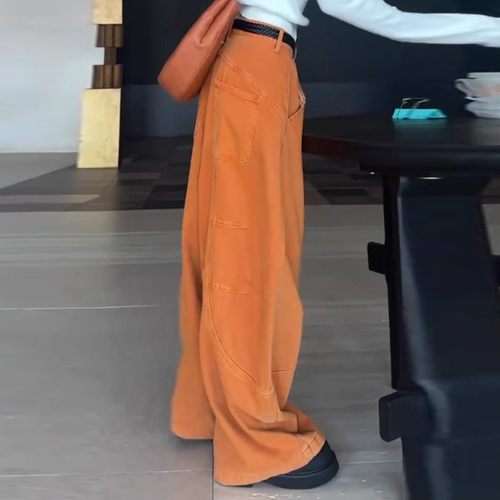 橙色弯刀休闲牛仔裤女秋季2025新款高腰显瘦宽松阔腿拖地长裤子潮 - 图2