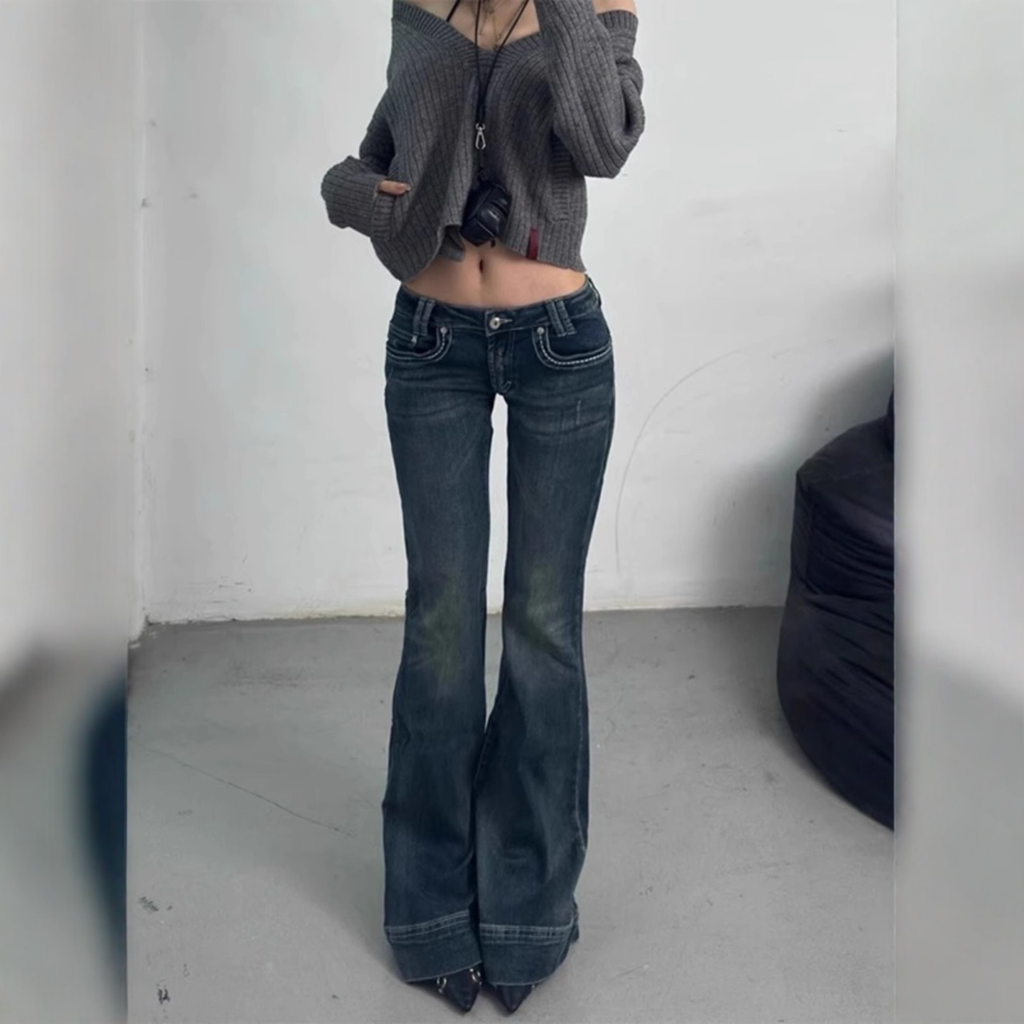 美式辣妹低腰紧身牛仔微喇裤女秋季新款做旧水洗马蹄拖地长裤子潮,淘宝优惠券,粉丝福利购,淘宝优惠卷